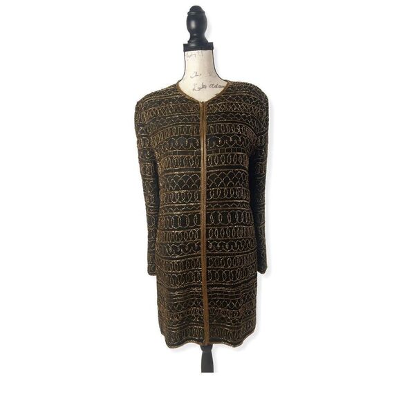 Scala Vintage Silk Beaded Jacket Black Gold MediumElegant Cocktail Evening We